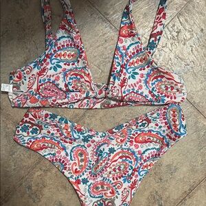 Red and Blue Bikini Set with Triangle Top and Side Tie Bottoms